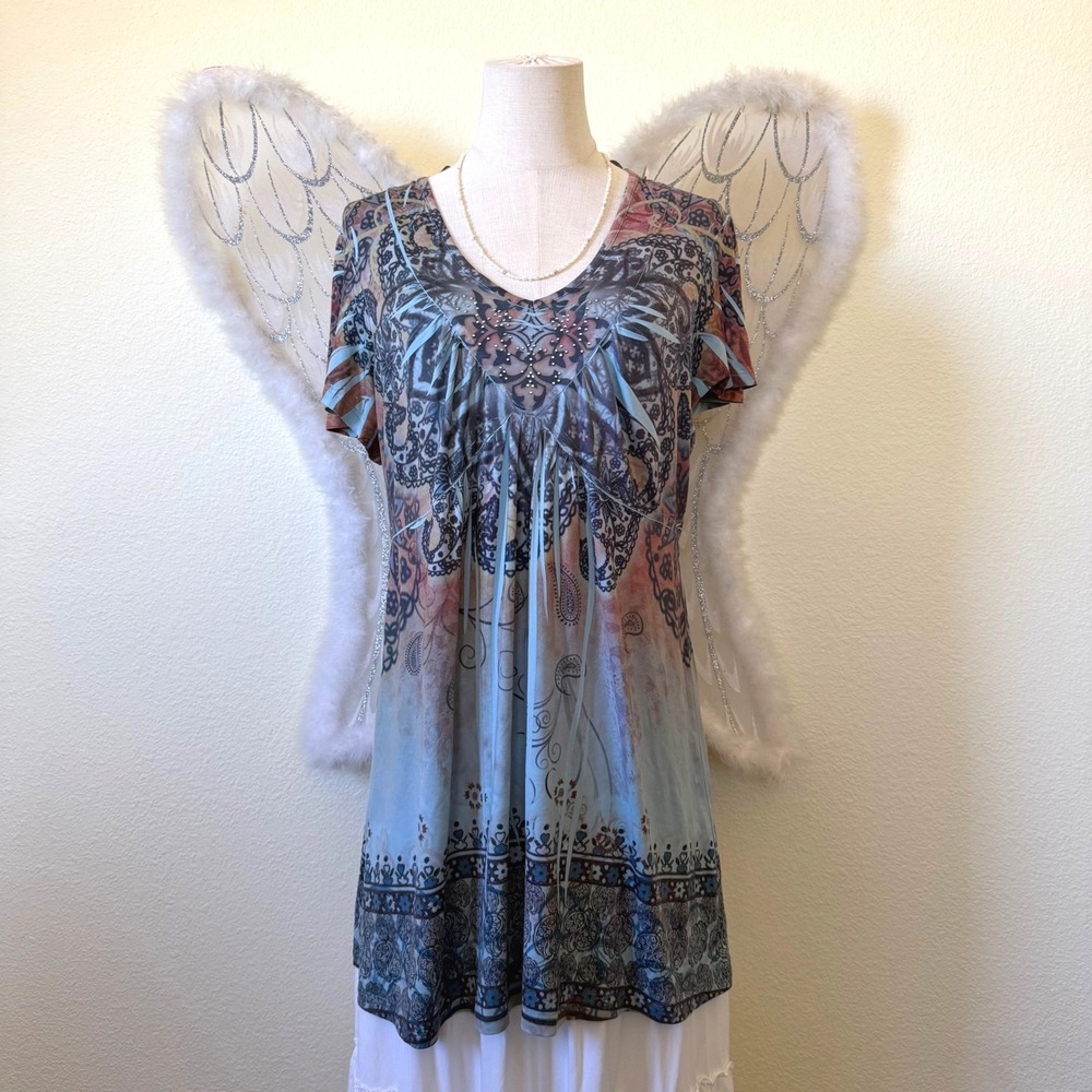 Boho Dark Romantic Embellished Paisley AOP Babydoll Tunic Top Blue Mauve Studded
